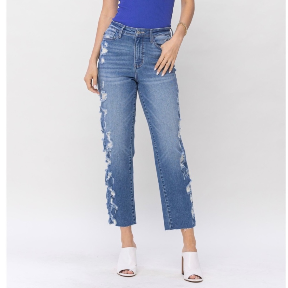 JUDY BLUE HIGH WAIST HEAVY DESTROY SIDESEAM CROP STRAIGHT
